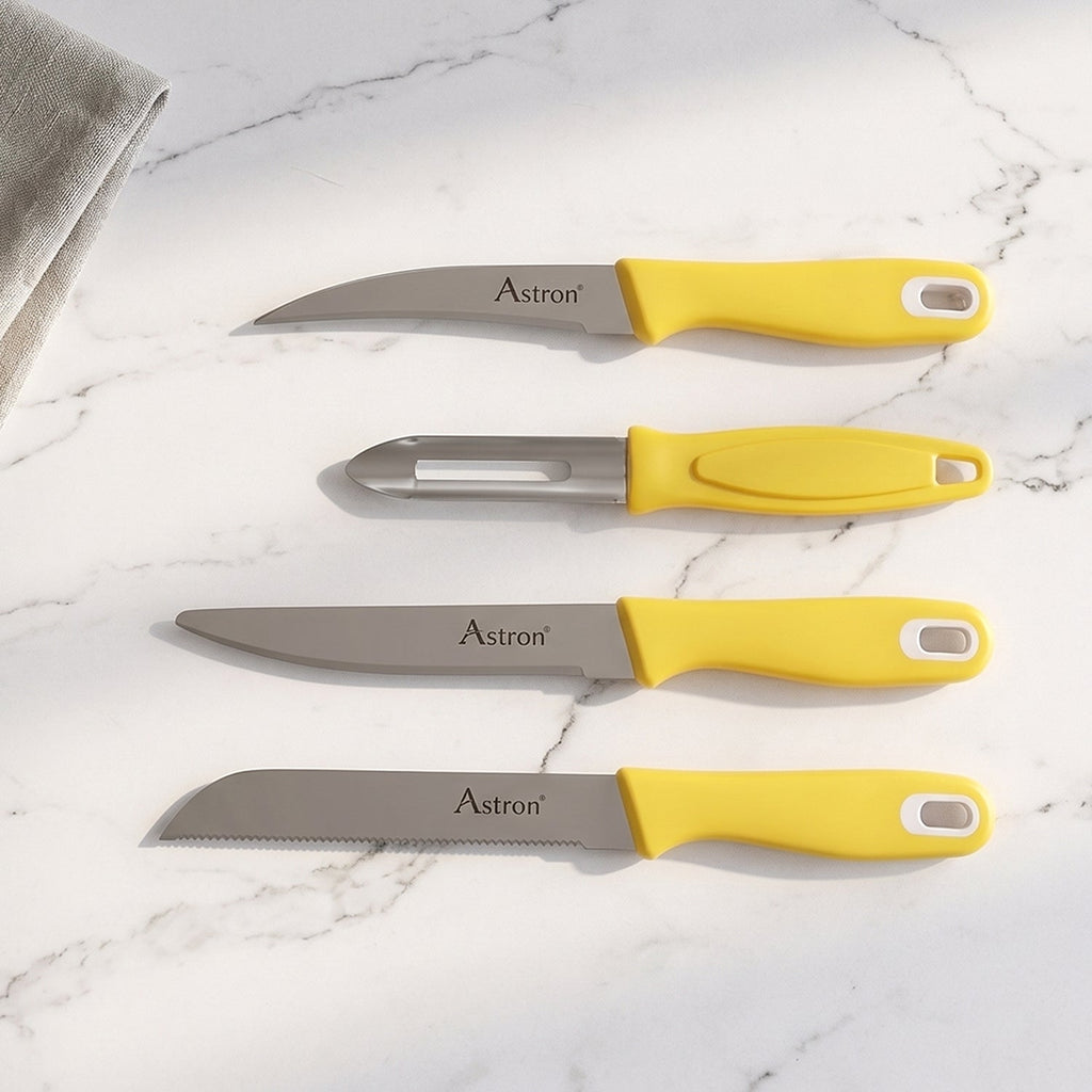 Durable kitchen knives made from stainless steel with ergonomic plastic handles.