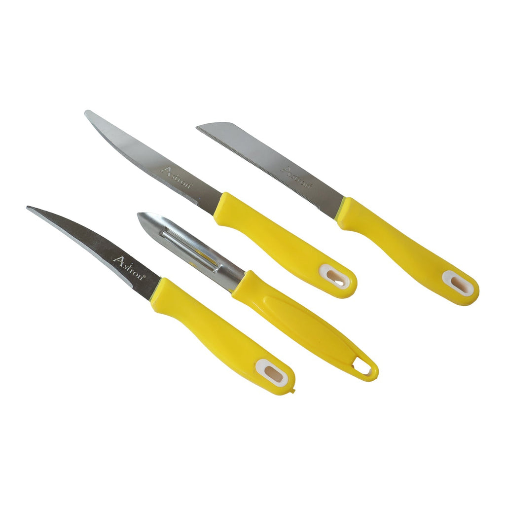 Complete kitchen knife set with peeler displayed against a clean white background.