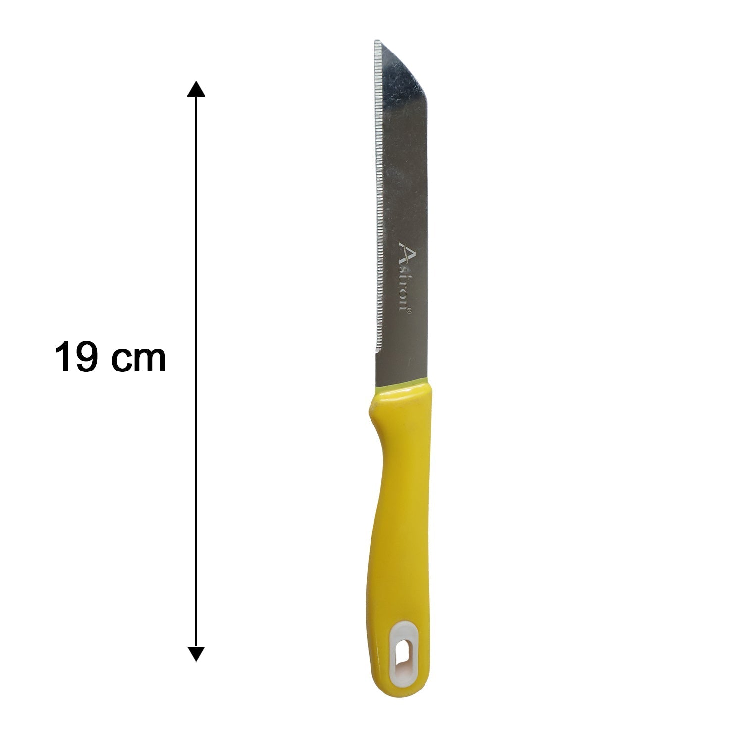 Detailed size guide for the stainless steel kitchen knife set, showing dimensions.