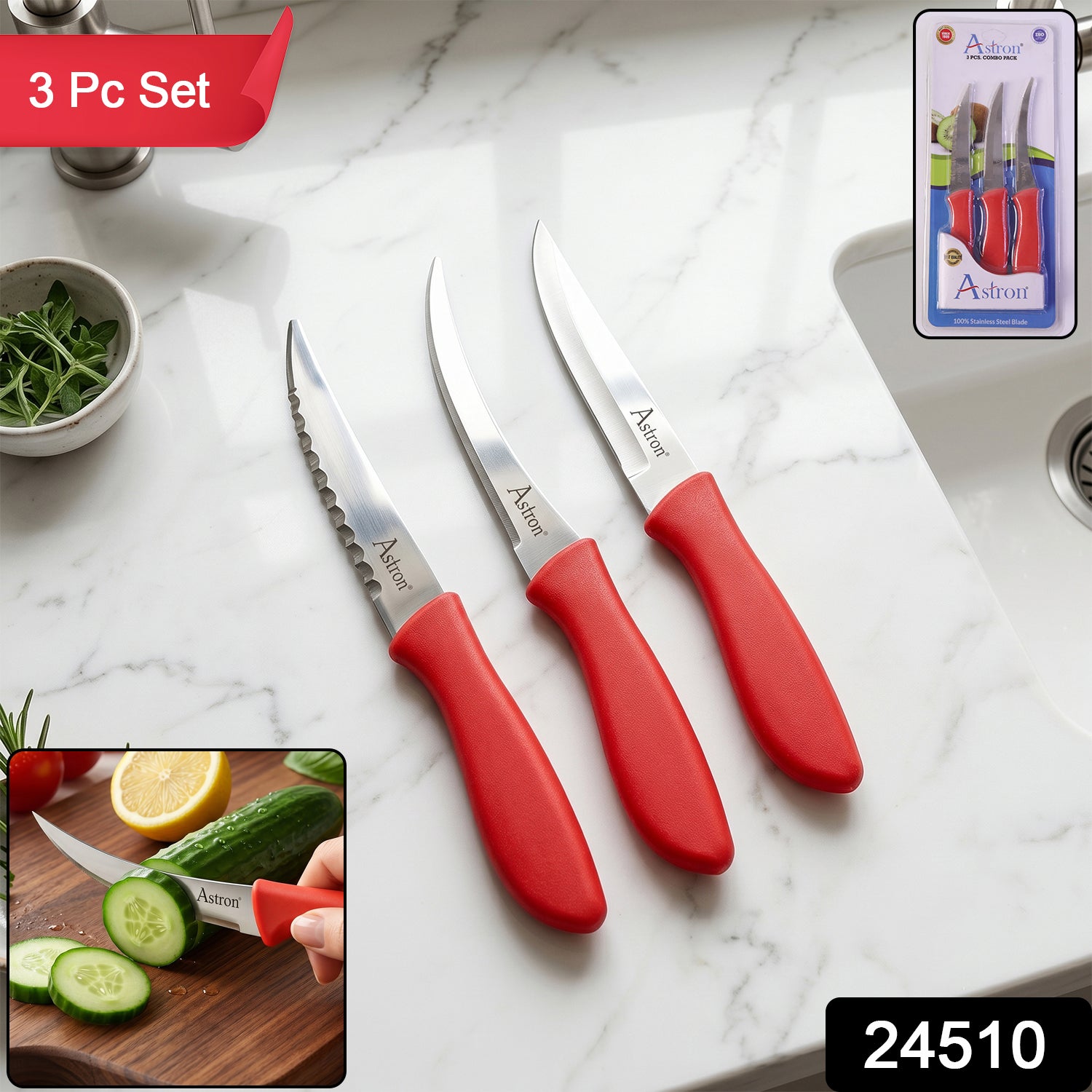 Kitchen knife set in packaging, displaying brand logo