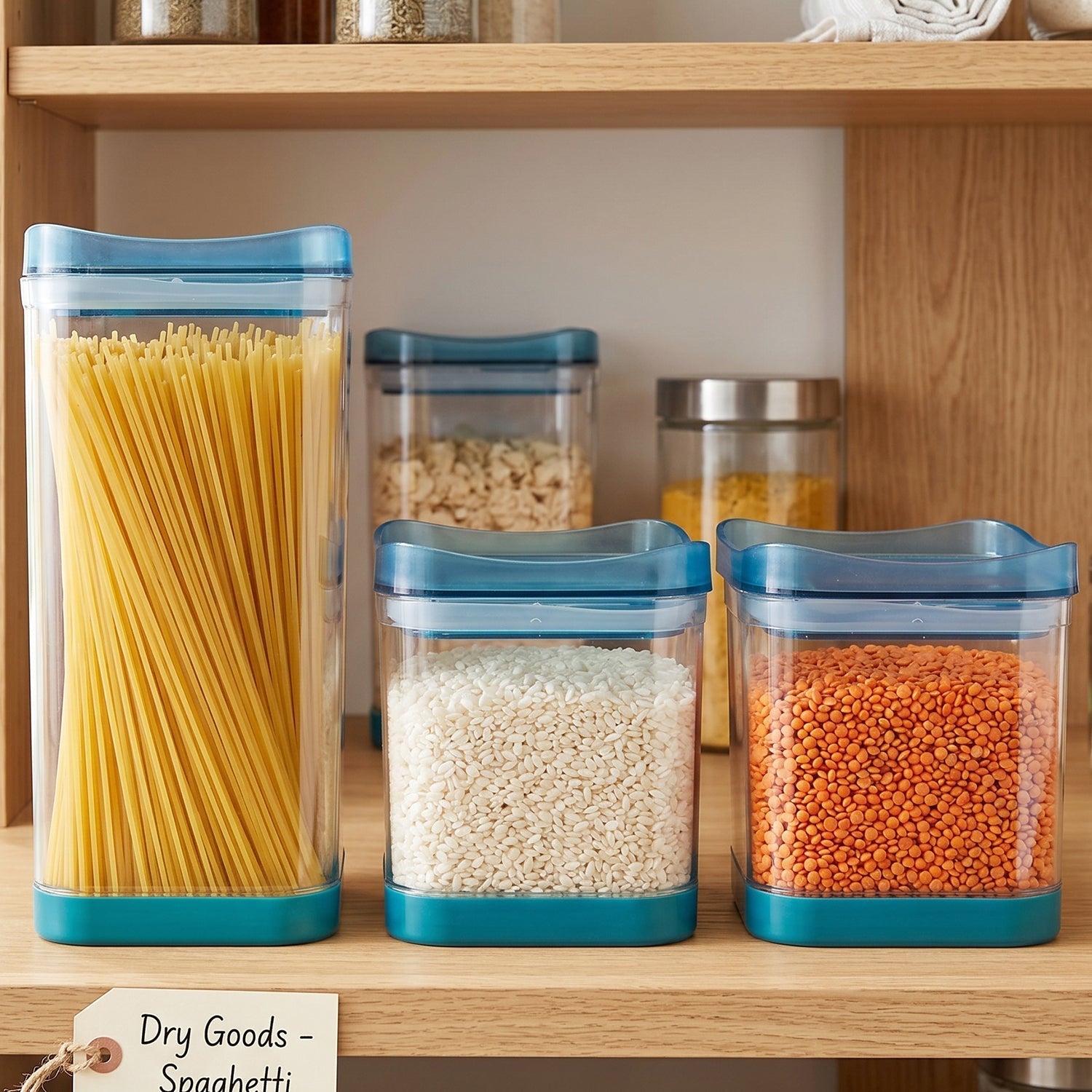 Pantry shelf organized with airtight food containers holding staples