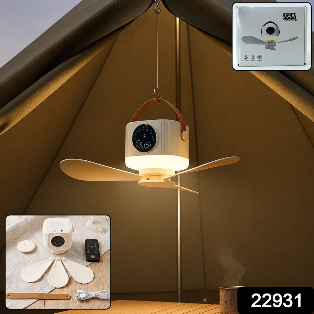 Portable rechargeable fan with LED lamp and hook for camping