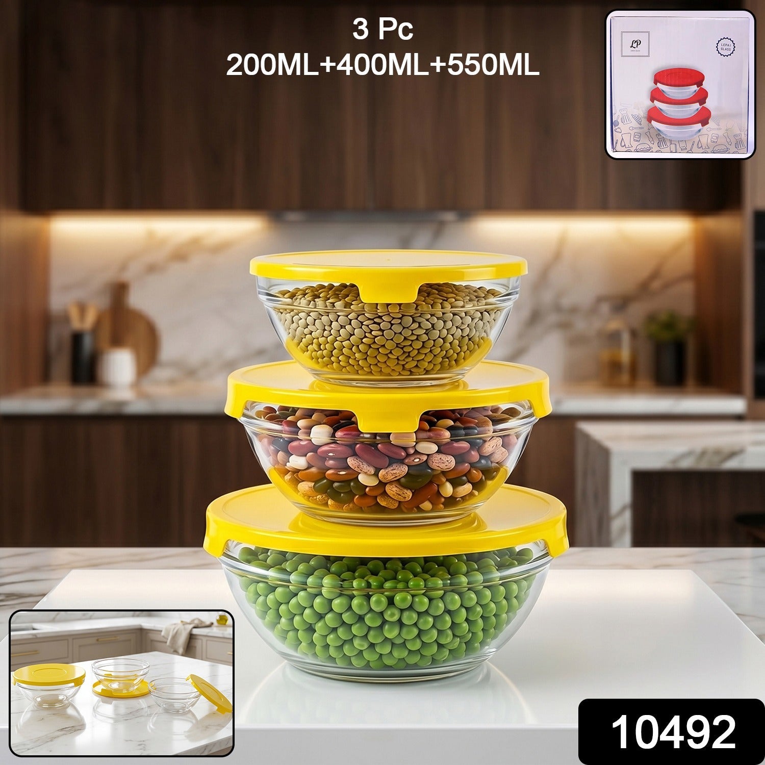Clear glass mixing and storage bowls with lids in three sizes