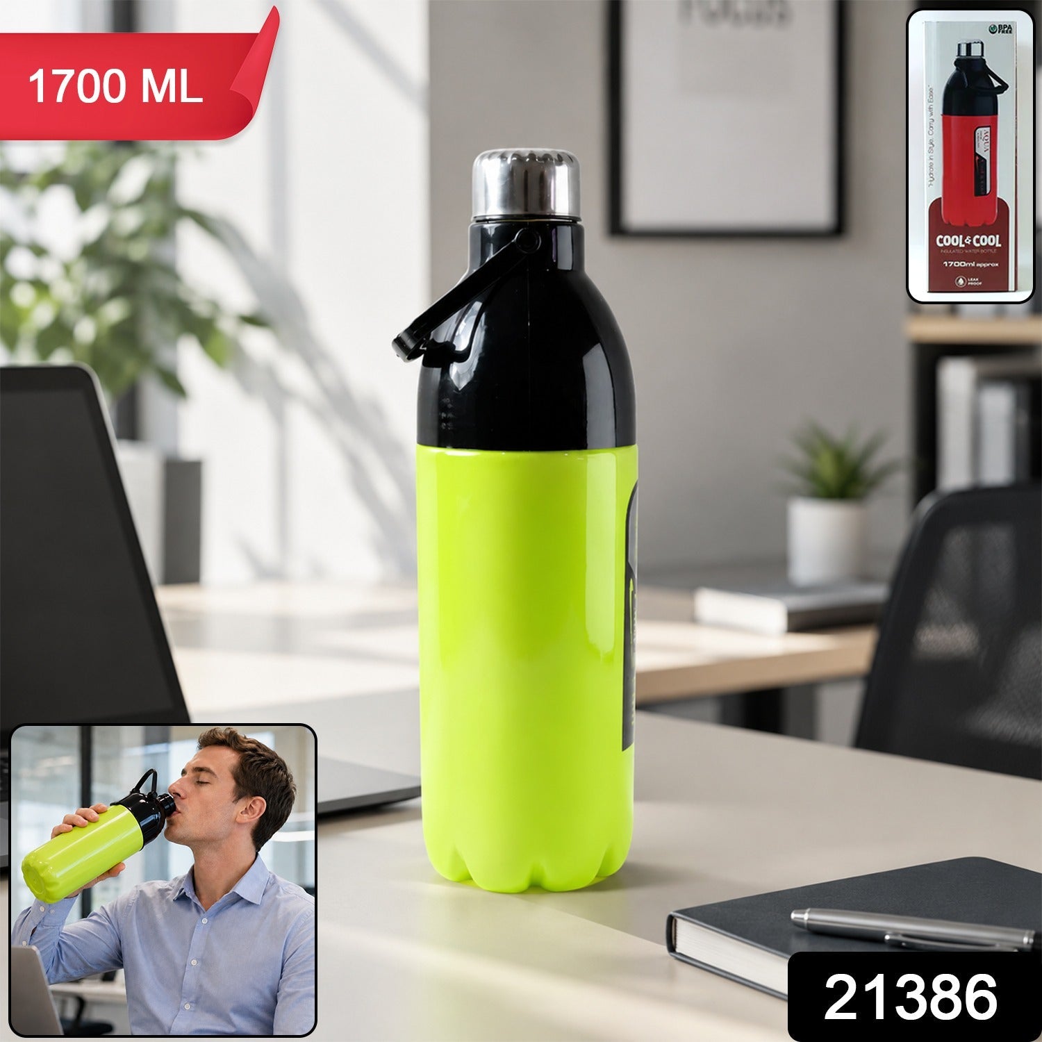 Person holding the 1700ml water bottle by its convenient carry strap for easy transport.