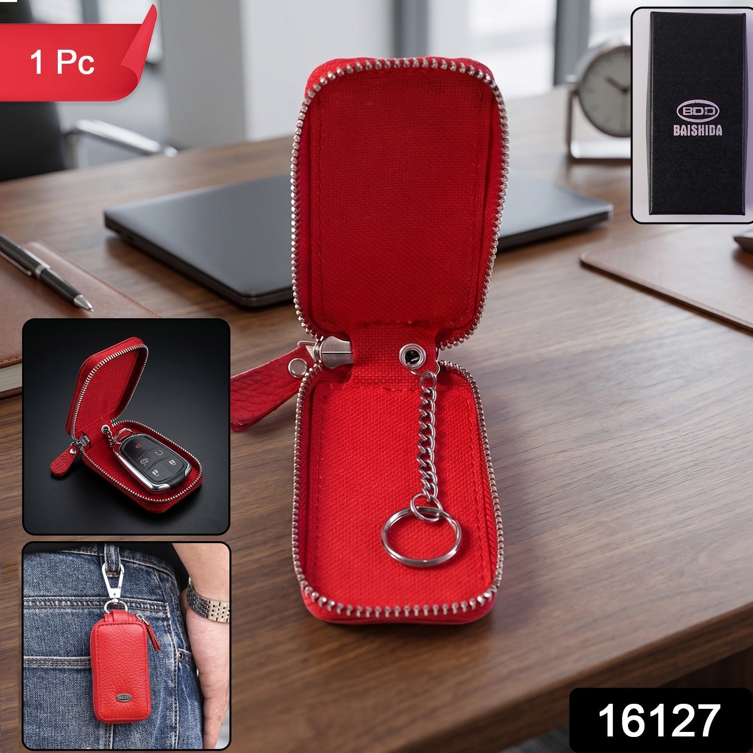 Compact leather key pouch with secure zip closure