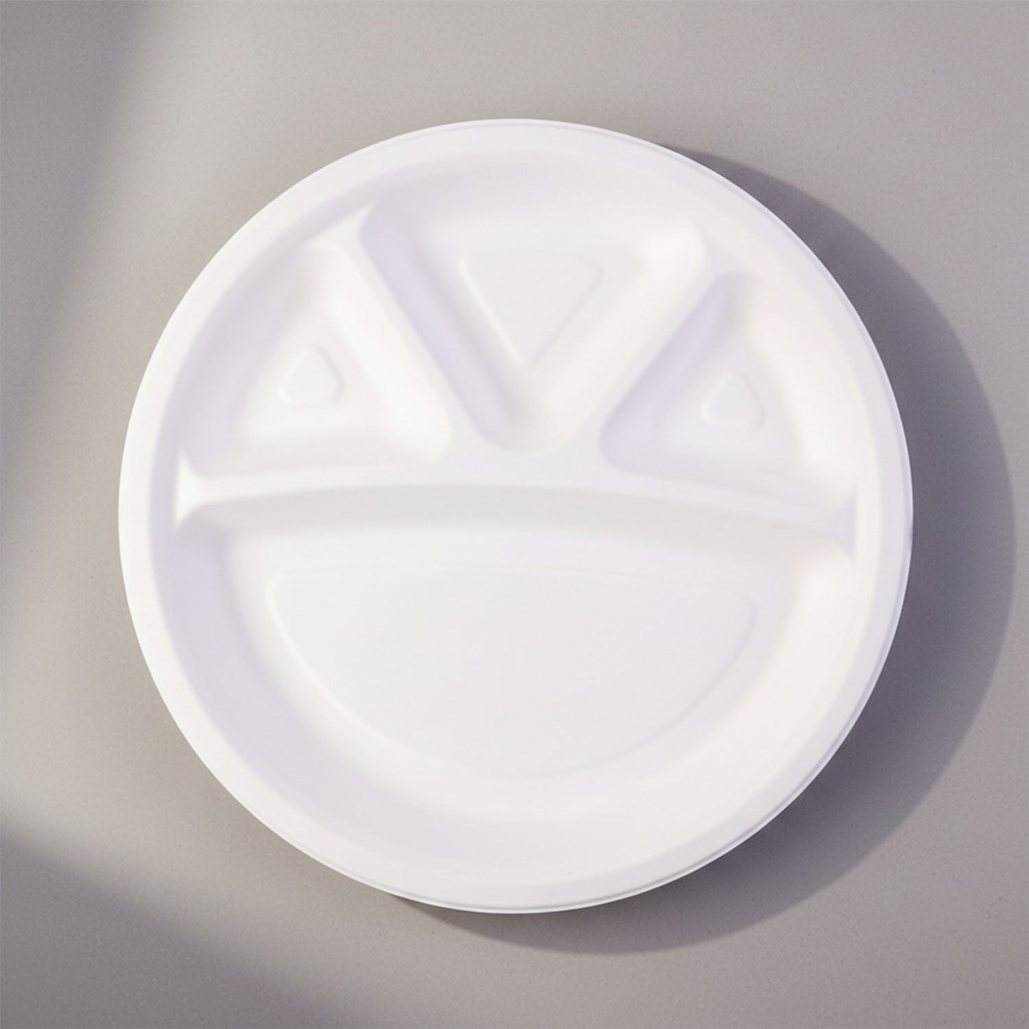 Profile view of Vegnar 4 compartment disposable food serving plate