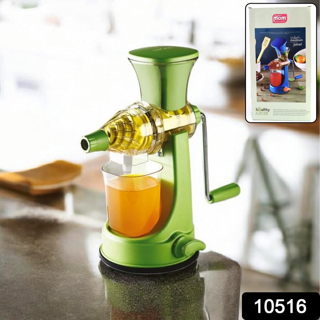 Close-up of hand press operation on manual fruit juicer