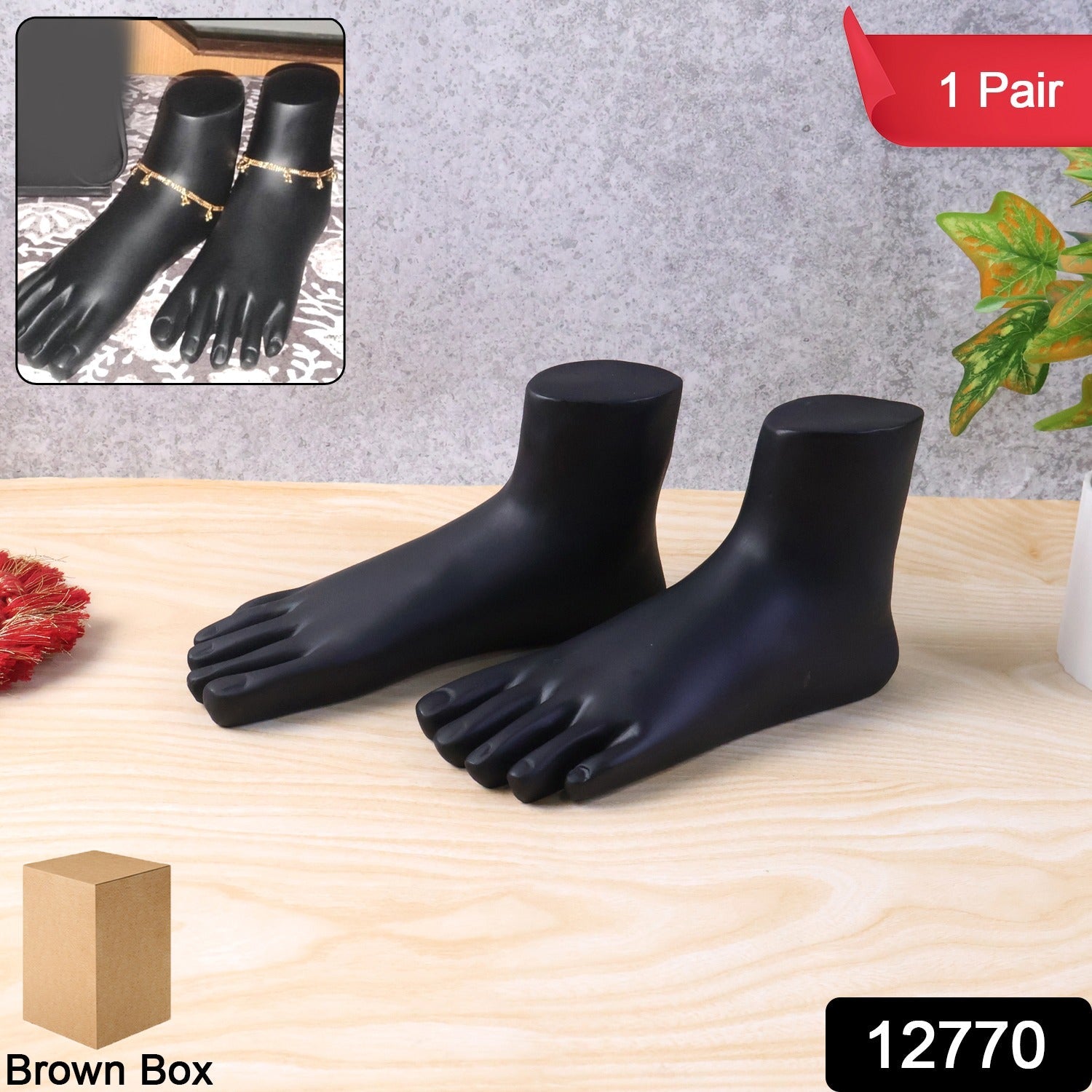 Side view of black foot mannequin display stand pair for showcasing anklets and toe rings