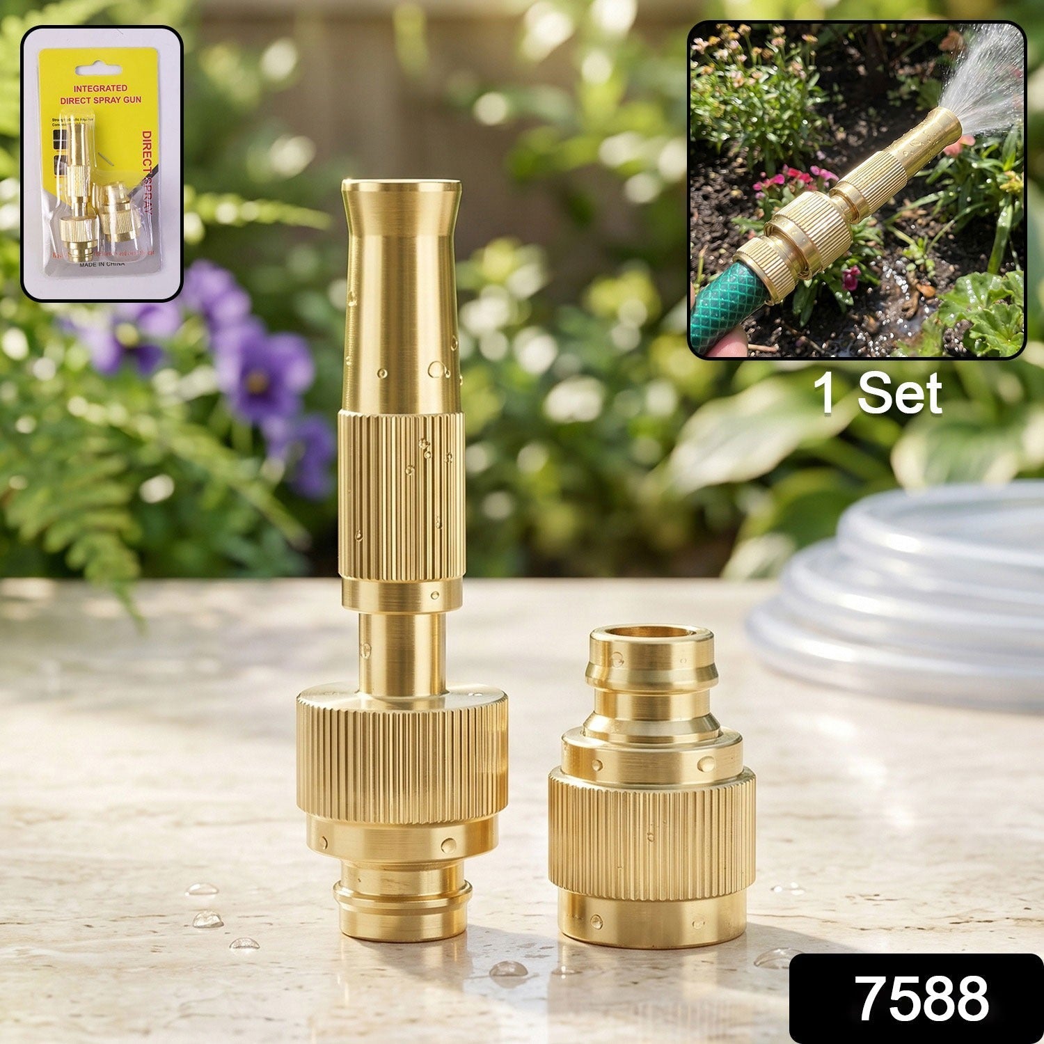 Golden Brass Garden Hose Water Nozzle Spray Gun with Quick Connect Tap Adapter (1 Set) view 2