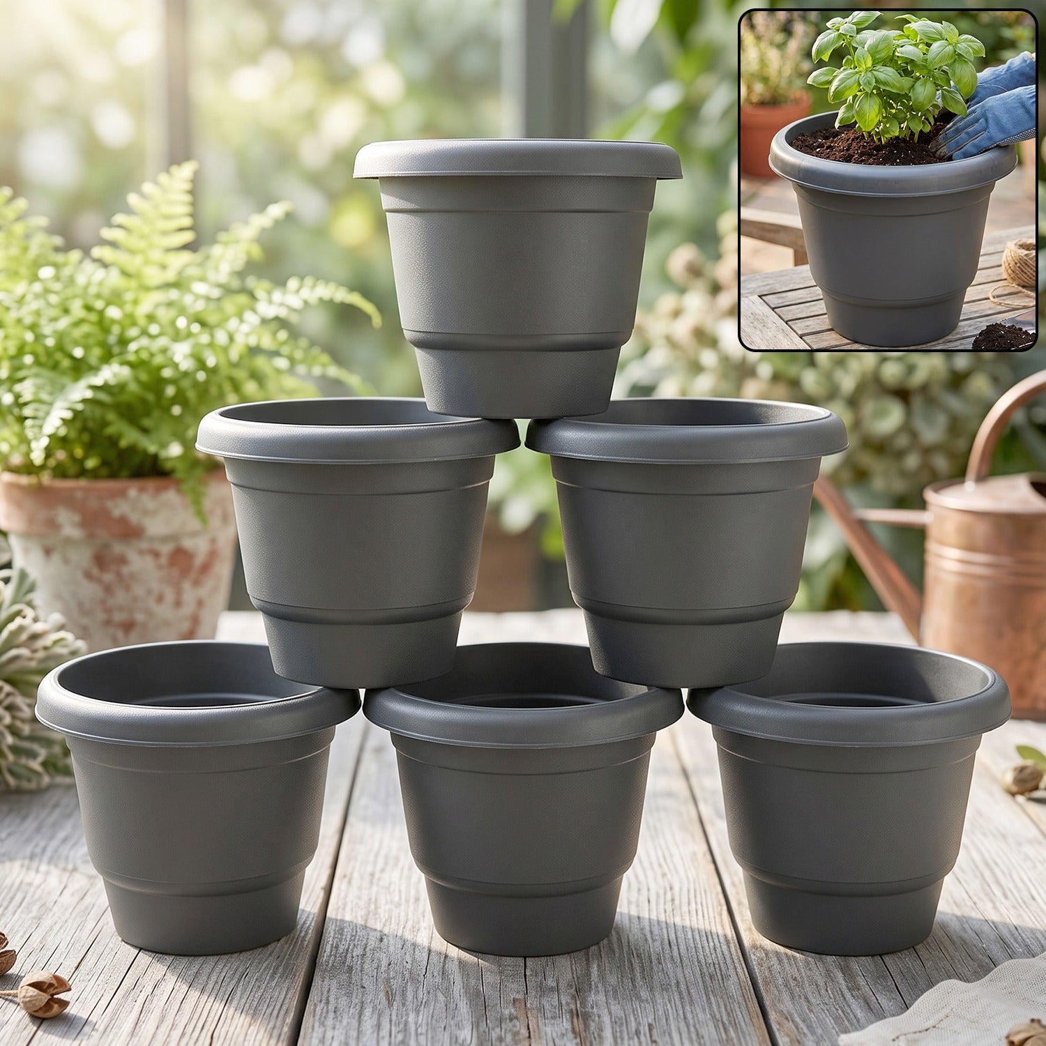 Plastic round flower pot planter set, durable gardening pots with rim (6 pcs set)