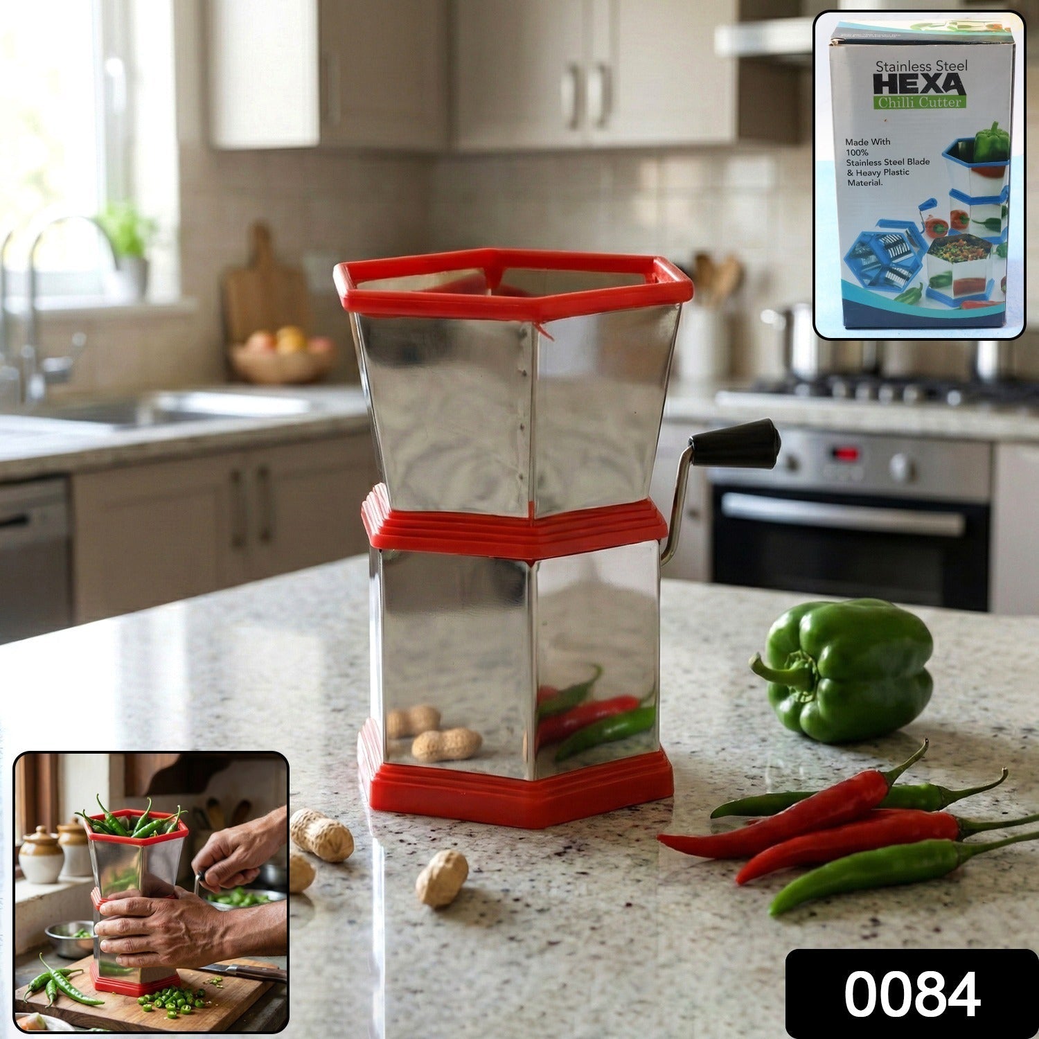 Hexa-style hand-operated chilli cutter showing sturdy body and blades