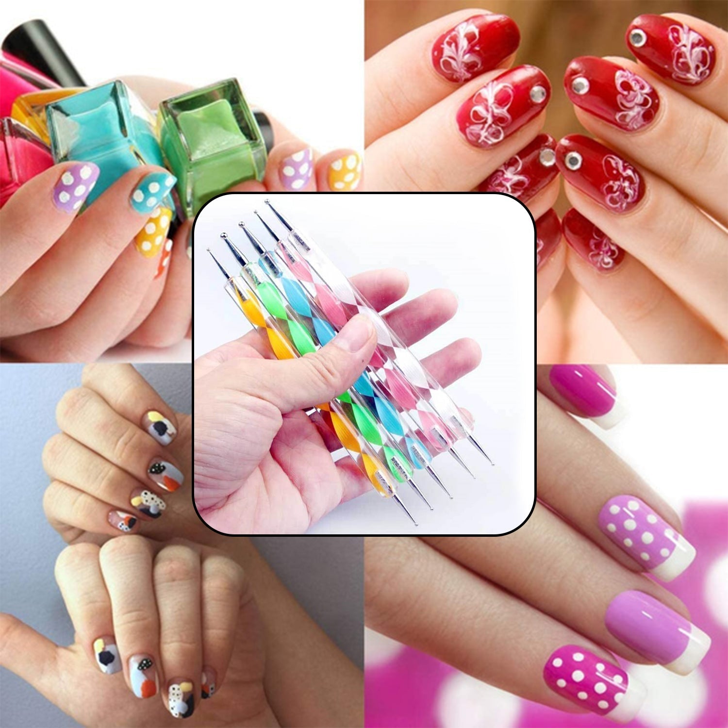 Nail art dotting tool set of 5 pens with colorful tips for women’s nail design.