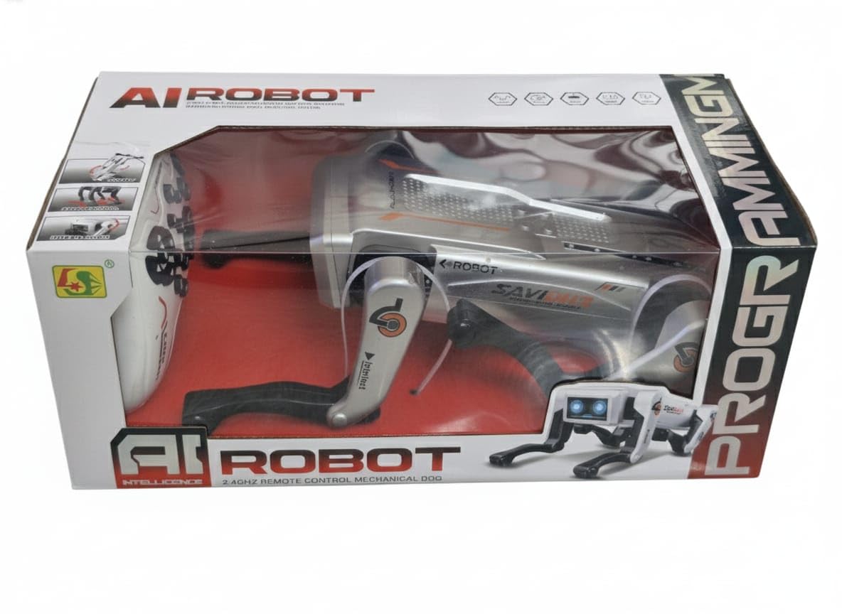 Top view of advanced AI robot dog toy on table