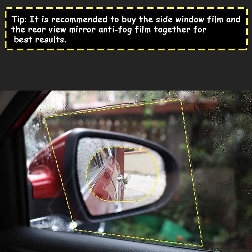 A car's side mirror with the anti fog film, providing a clear view of the road behind.