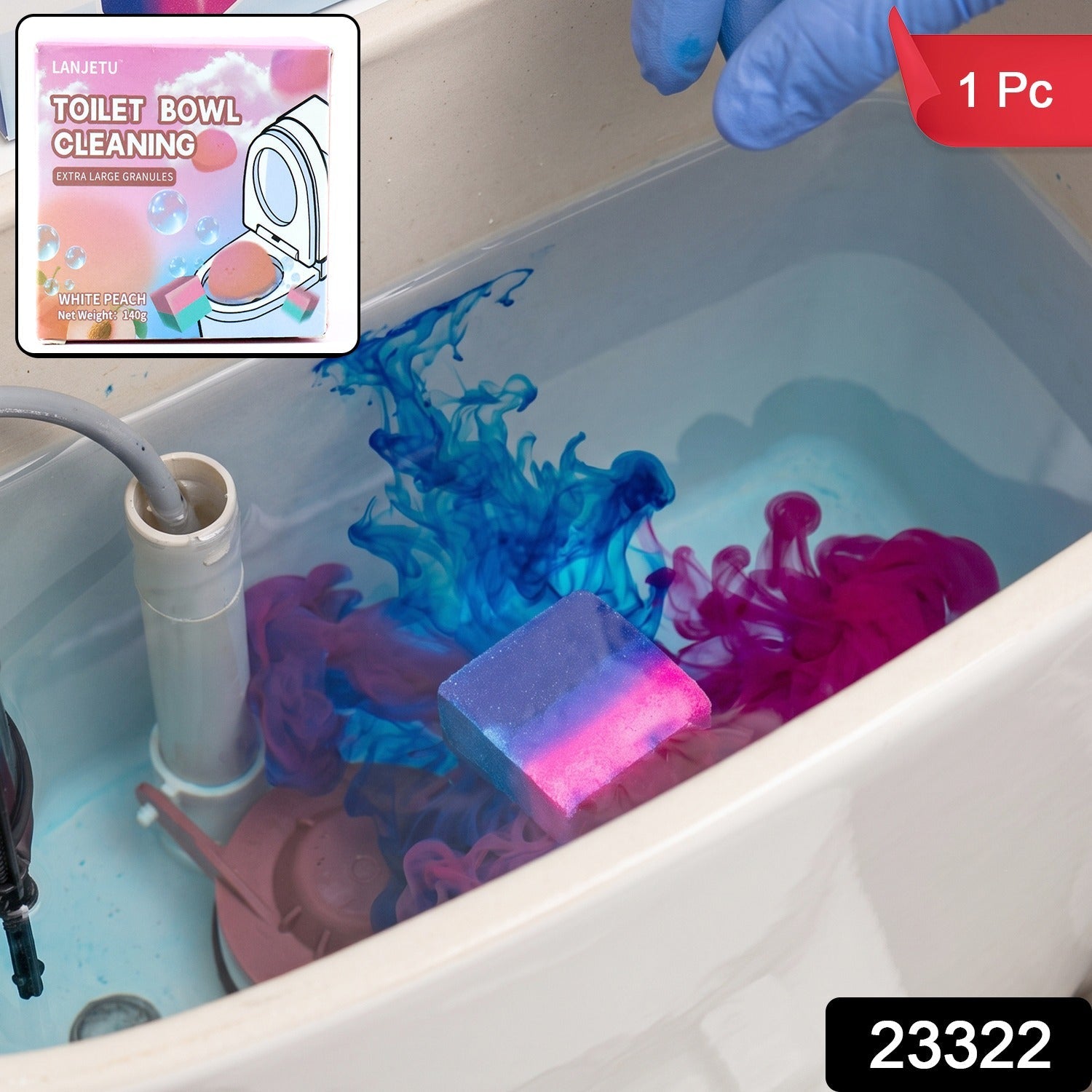 Toilet tank cleaner block with dual colour action for fresh flushes.