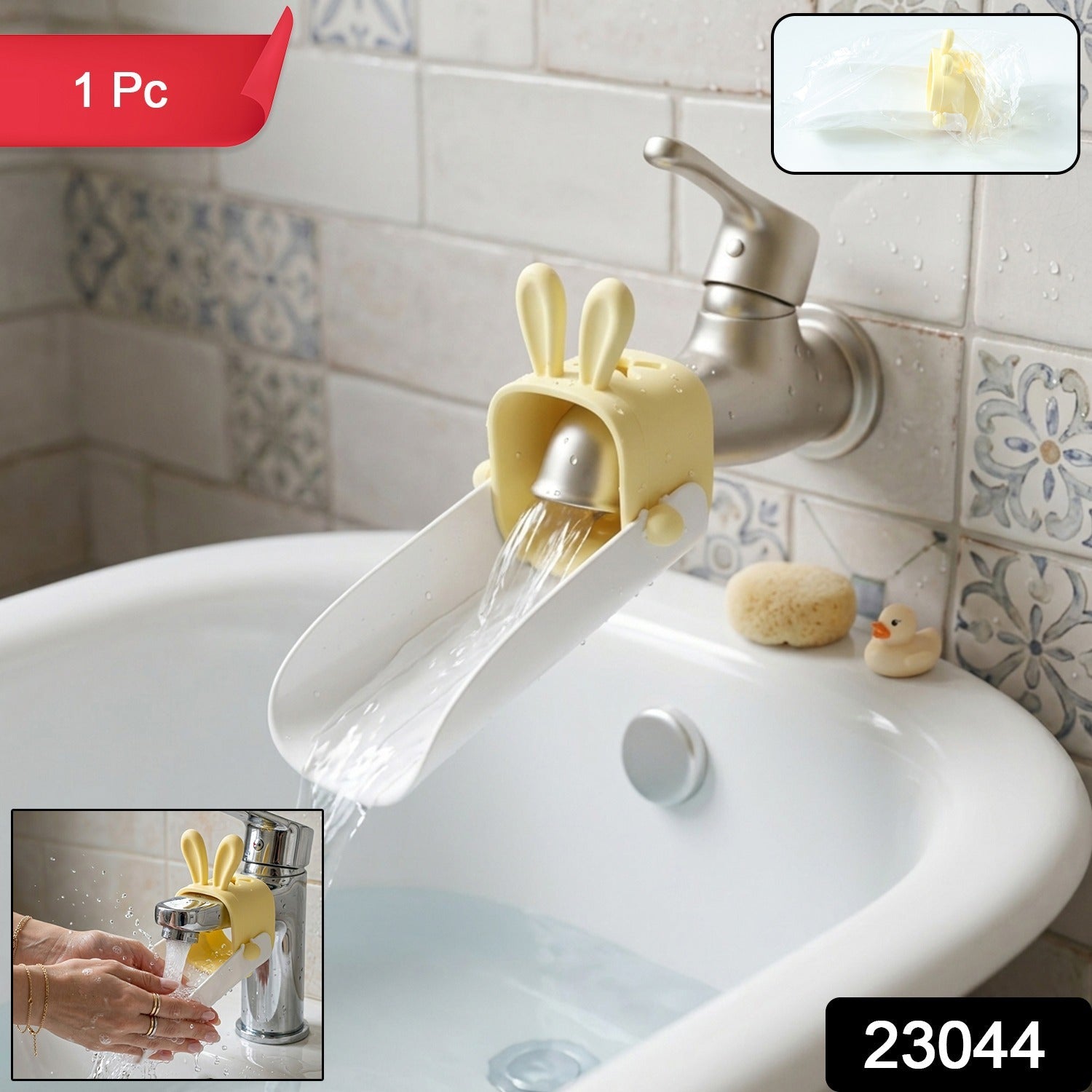 Kids sink water extender, easily attachable to a bathroom tap.