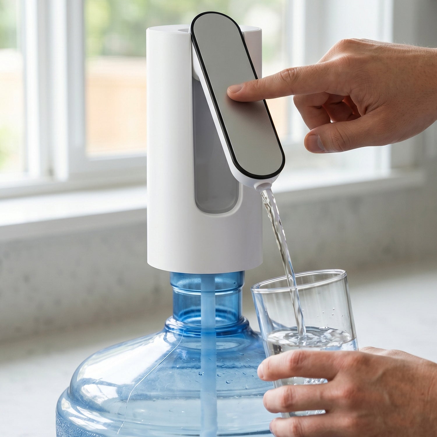 Office pantry drinking water pump in use