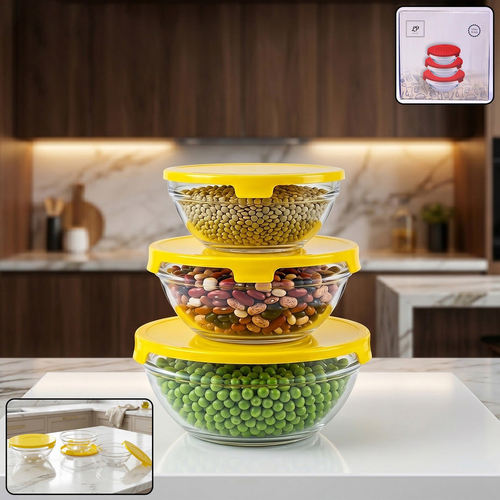 Set of 3 glass bowls with airtight lids for kitchen storage and serving