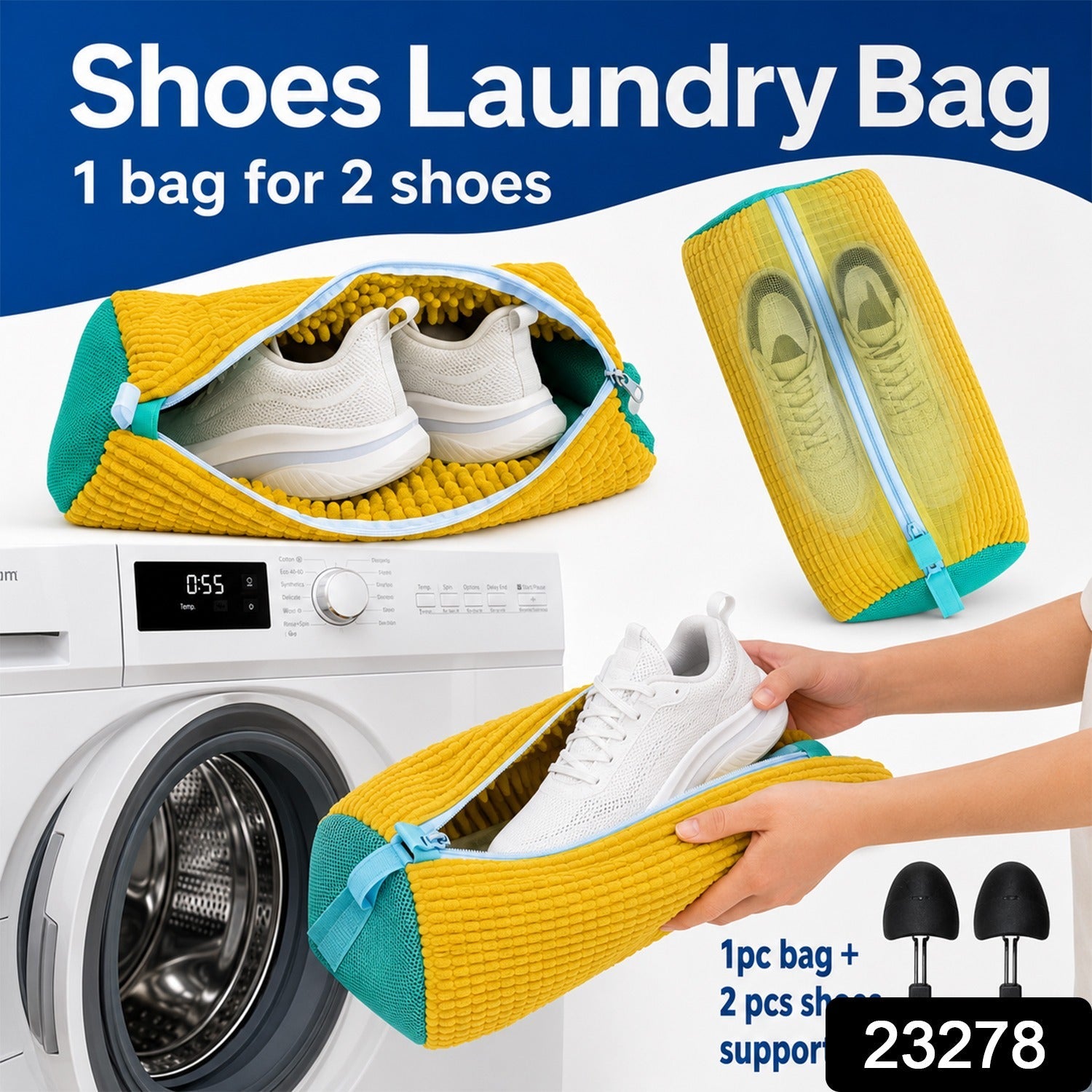 Mesh shoe washing bag with supports to protect sneakers in the wash
