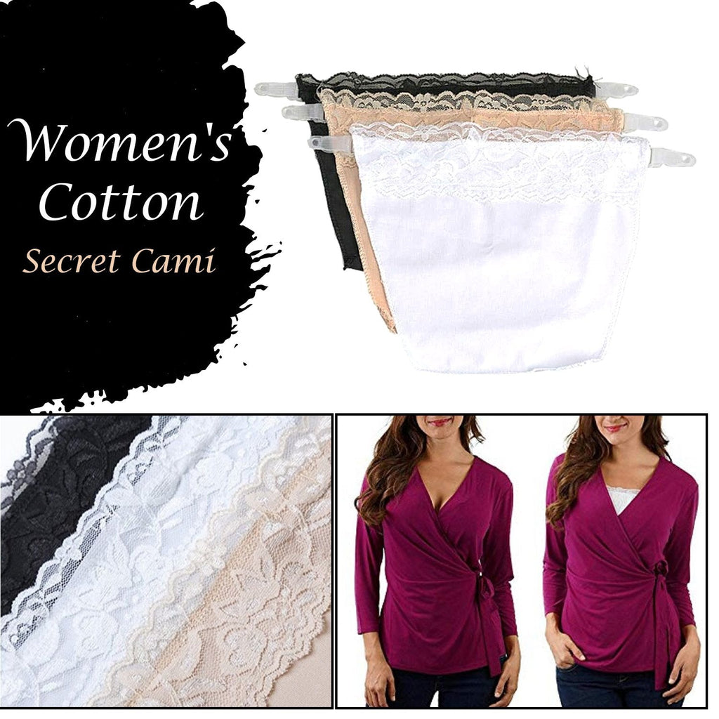 Clip-on camisole worn under a low-cut dress for coverage