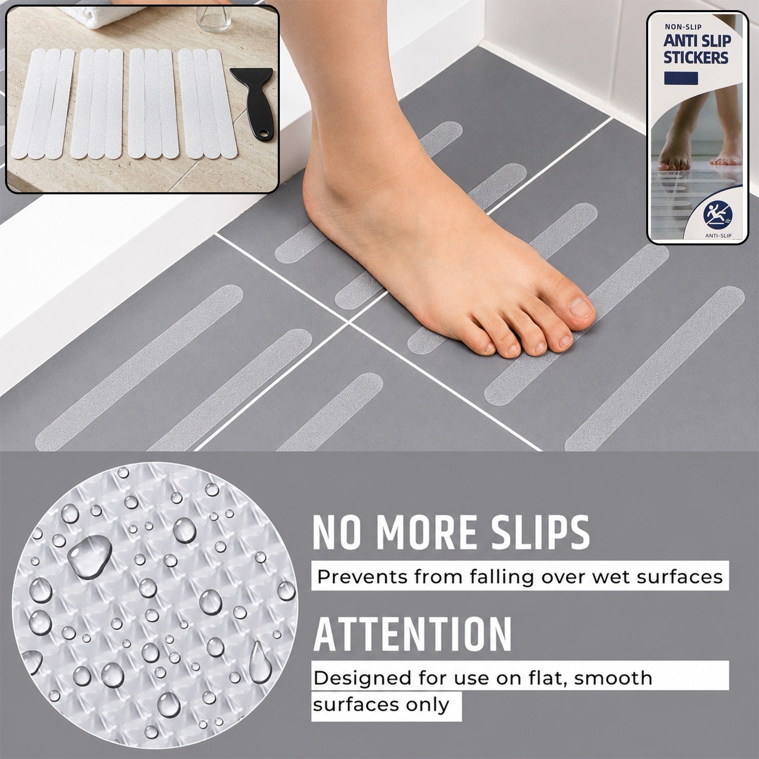 Transparent anti slip bath strips with scraper for safe, non slip bathing