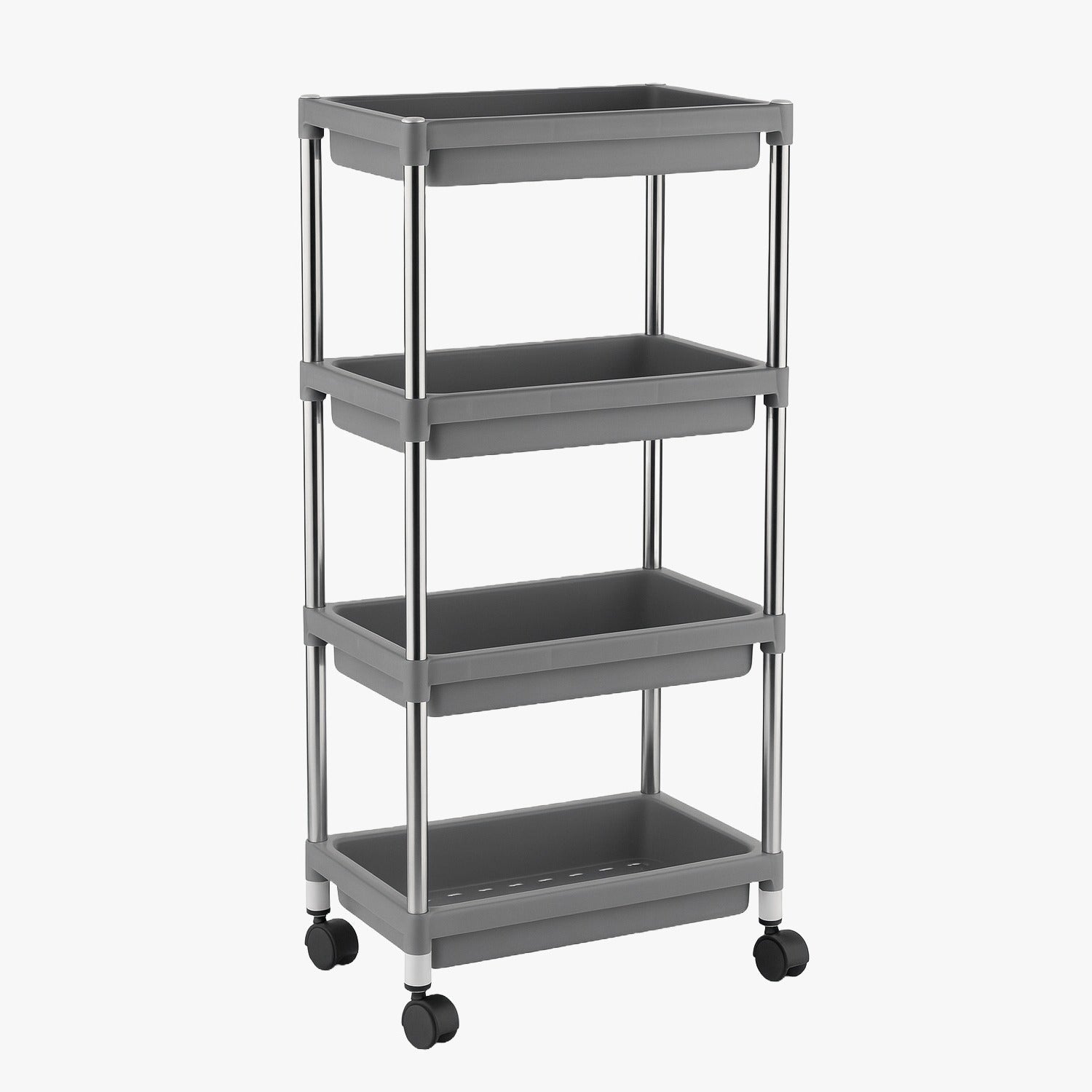 Stainless steel framed multi-tier rolling cart with practical plastic shelves.