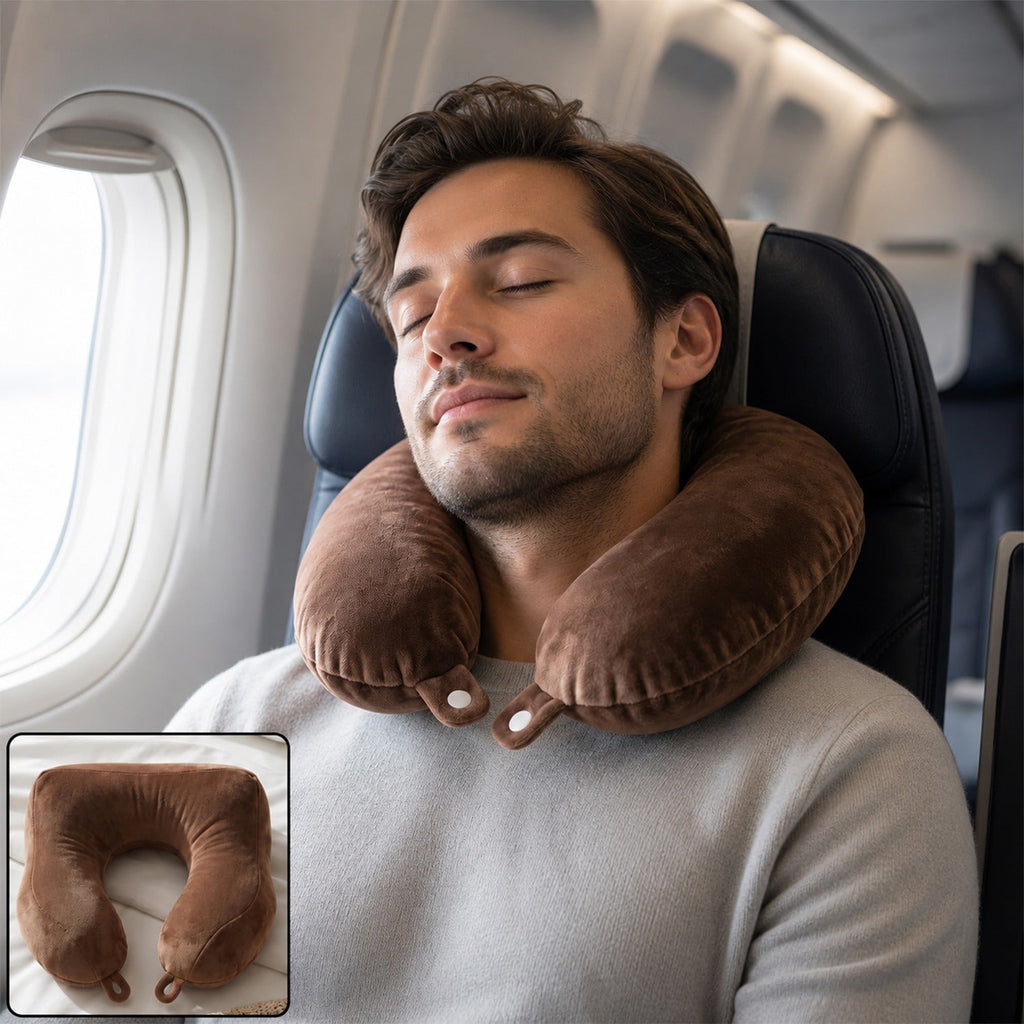 Men's U Shaped Soft Brown Plush Travel Neck Pillow for Head Support (1 Pc)