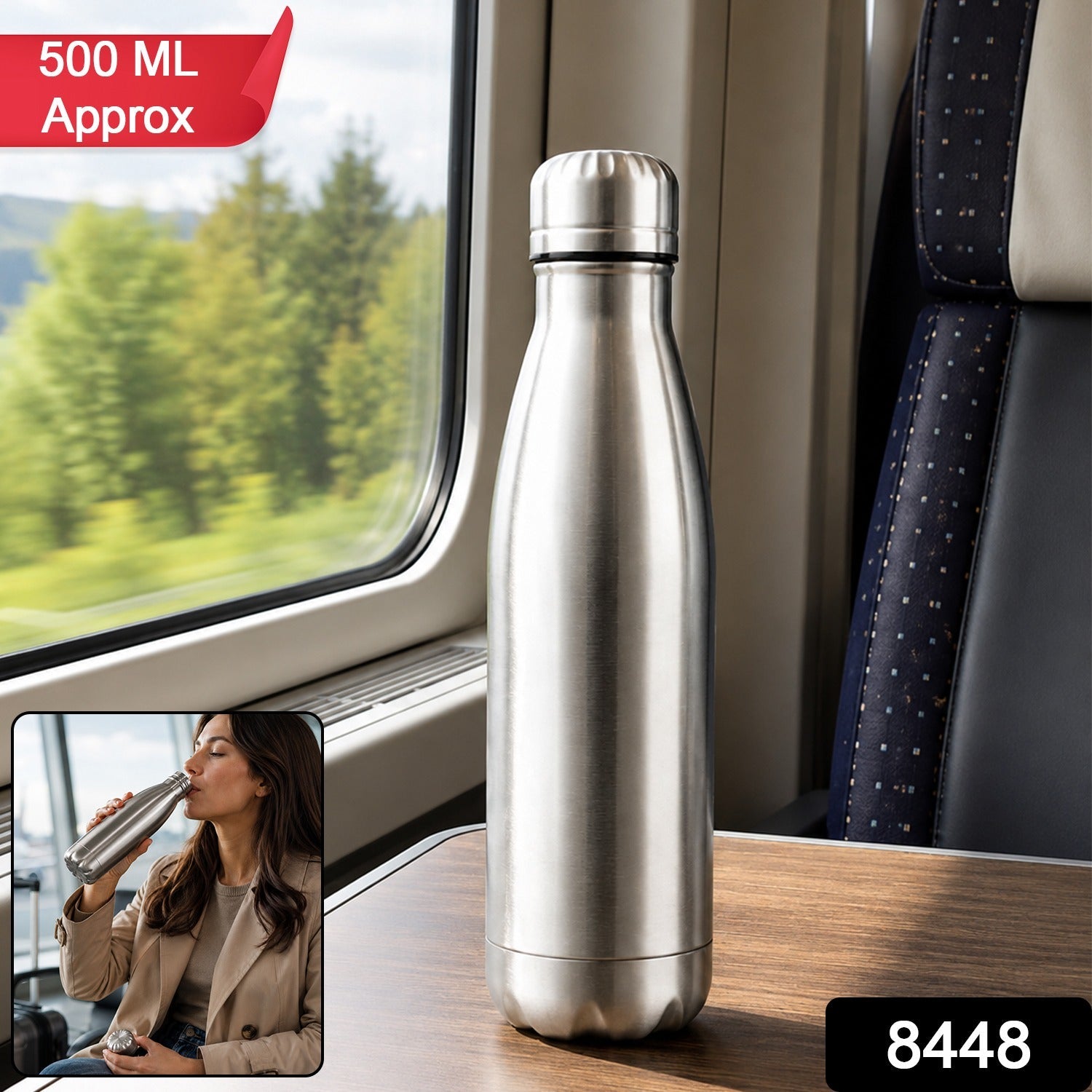 Leakproof stainless steel water bottle ideal for office or travel.