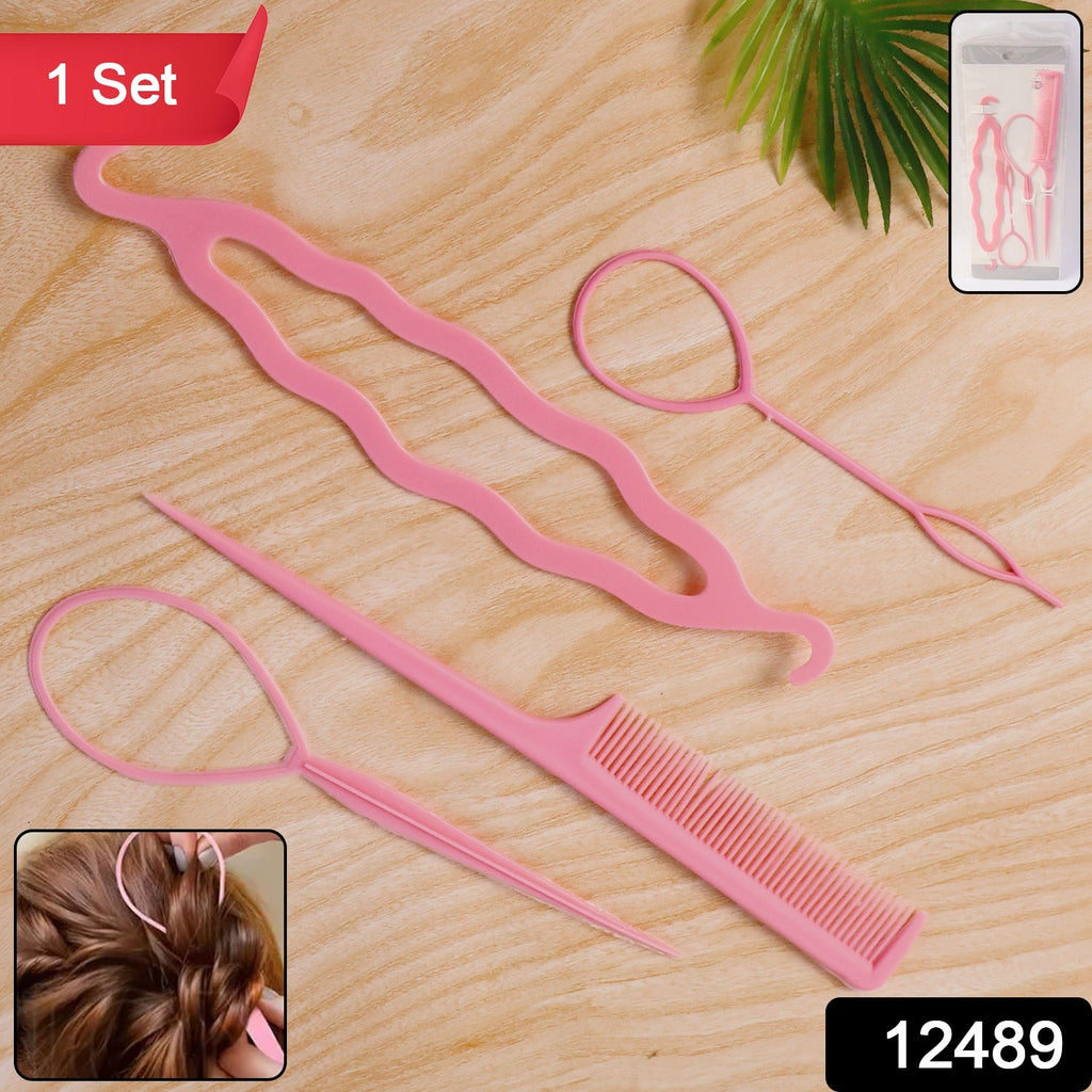 Woman creating a neat ponytail using hair styling tool set