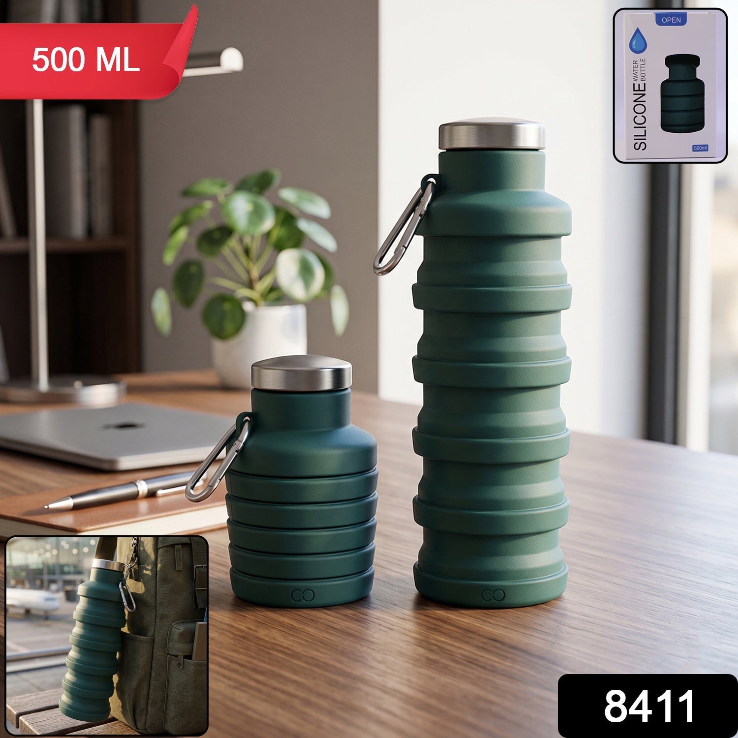 Silicone foldable water bottle in its retail packaging box