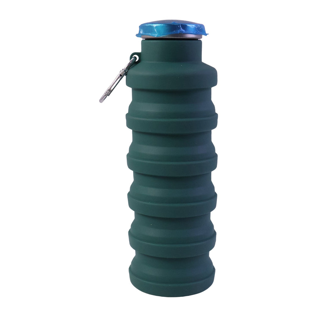 Person using a foldable water bottle while traveling