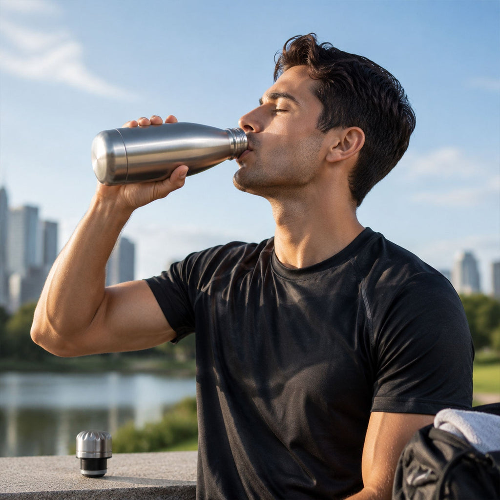 Sleek 500ml stainless steel water bottle in silver, showcasing its design.