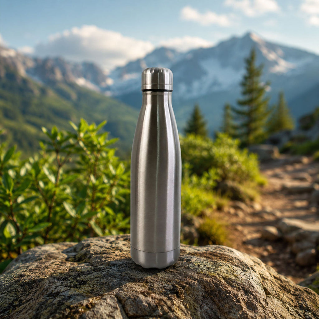 Size guide illustrating the 500ml capacity of the stainless steel water bottle.