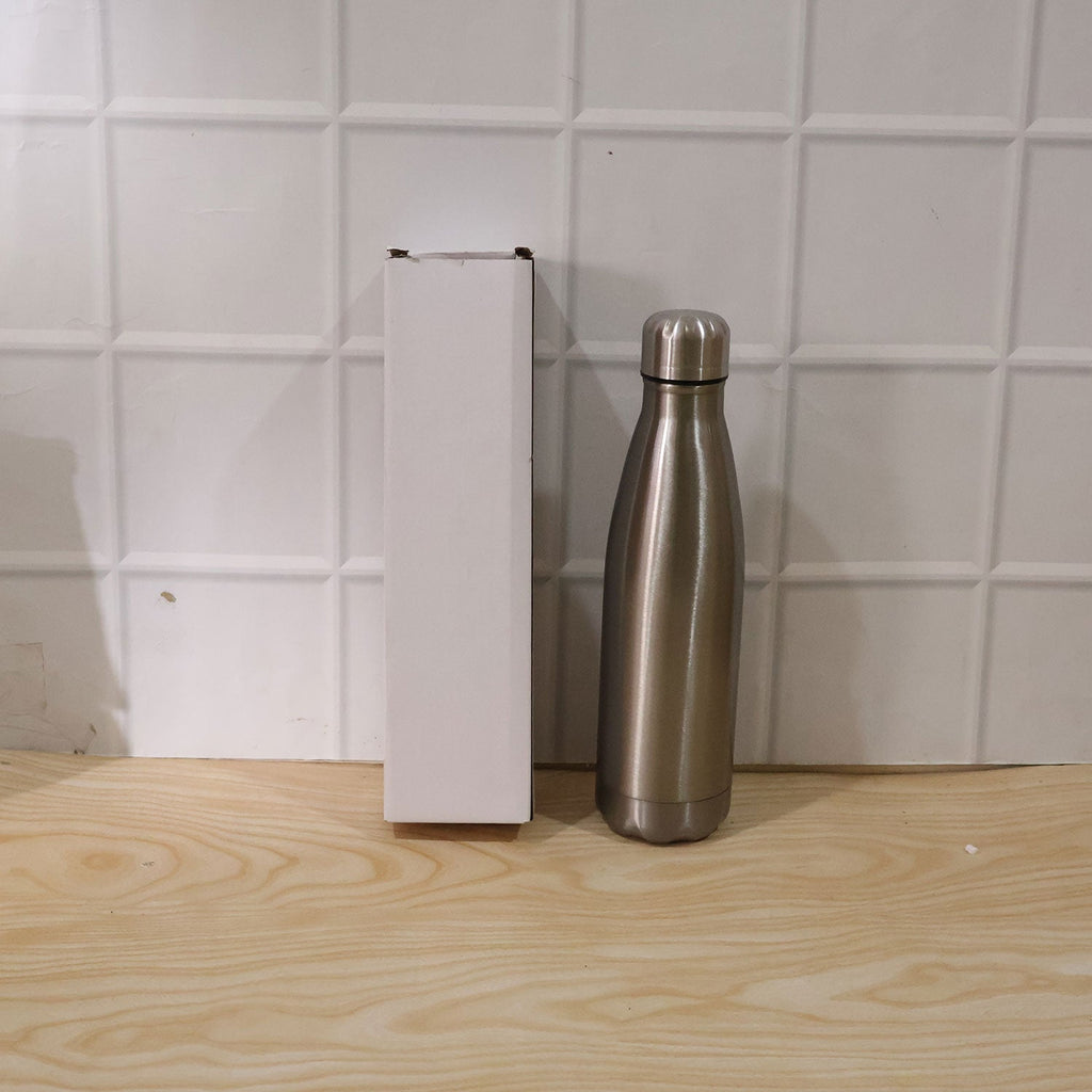 Silver stainless steel water bottle designed for convenient daily hydration.