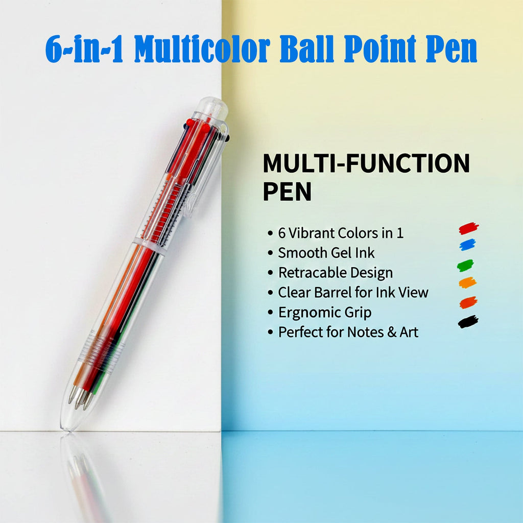 6-in-1 multicolor ball pen displaying all six vibrant ink colors clearly.