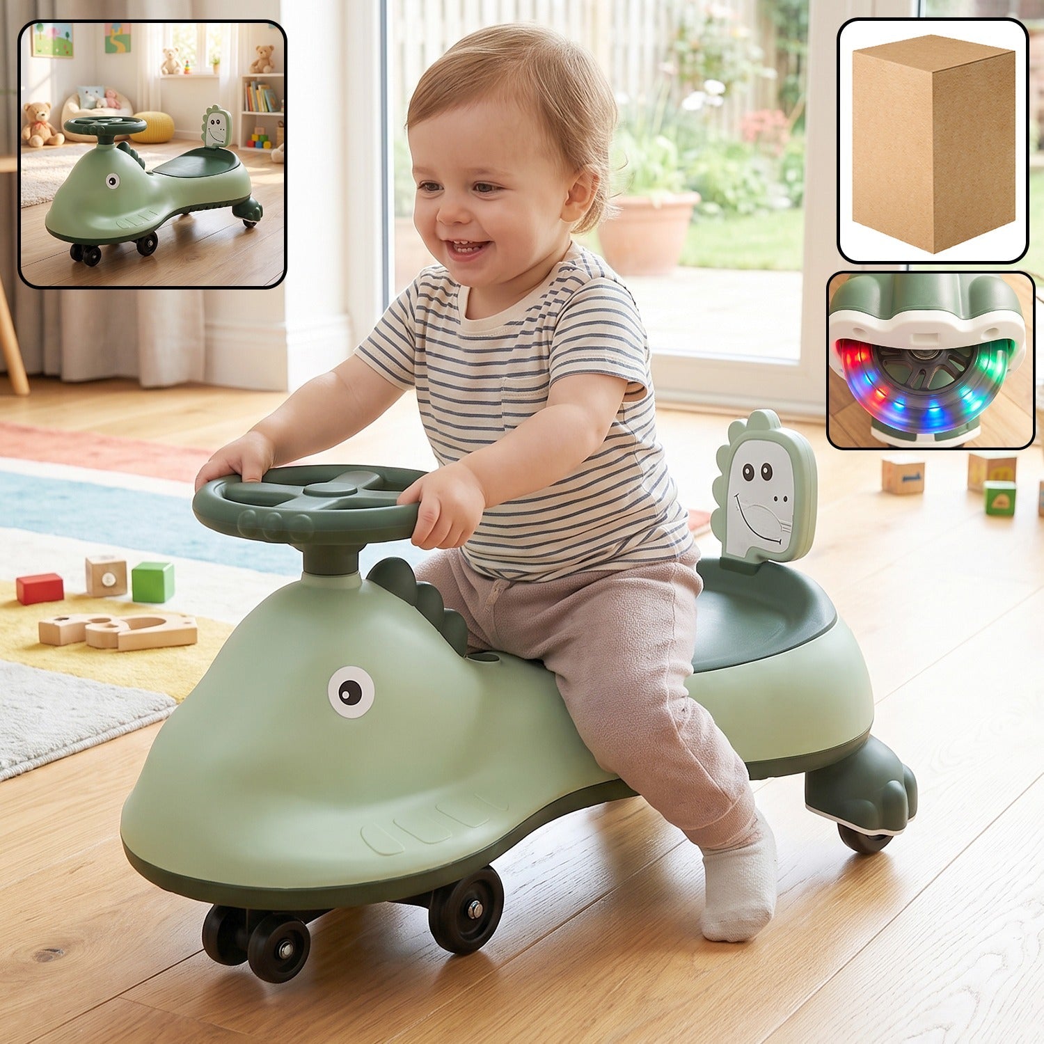 Kids dinosaur swing car ride on toy with music and steering wheel (1 pc)