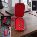 Brown leather car key case with zip and snap hook
