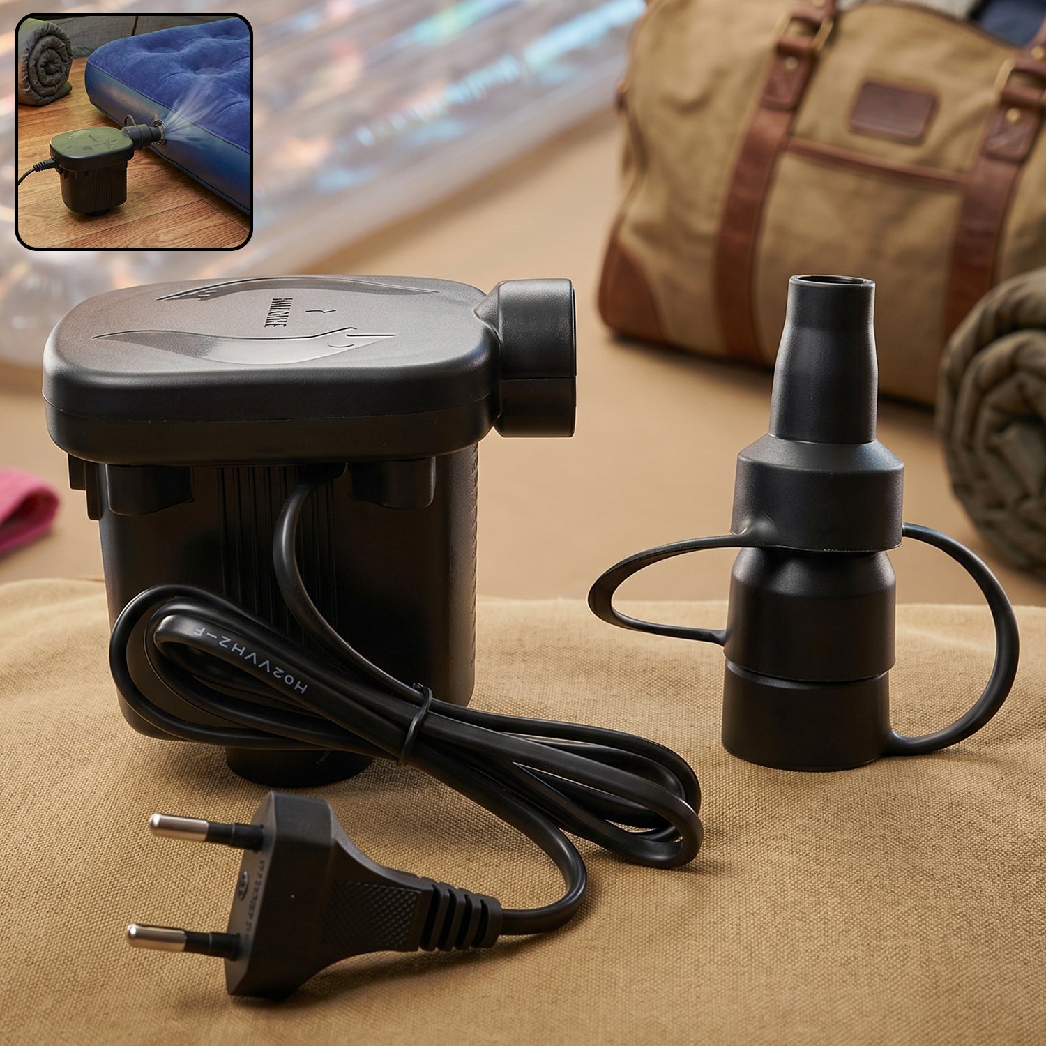 Electric air pump inflator deflator with three nozzles for various inflatables.