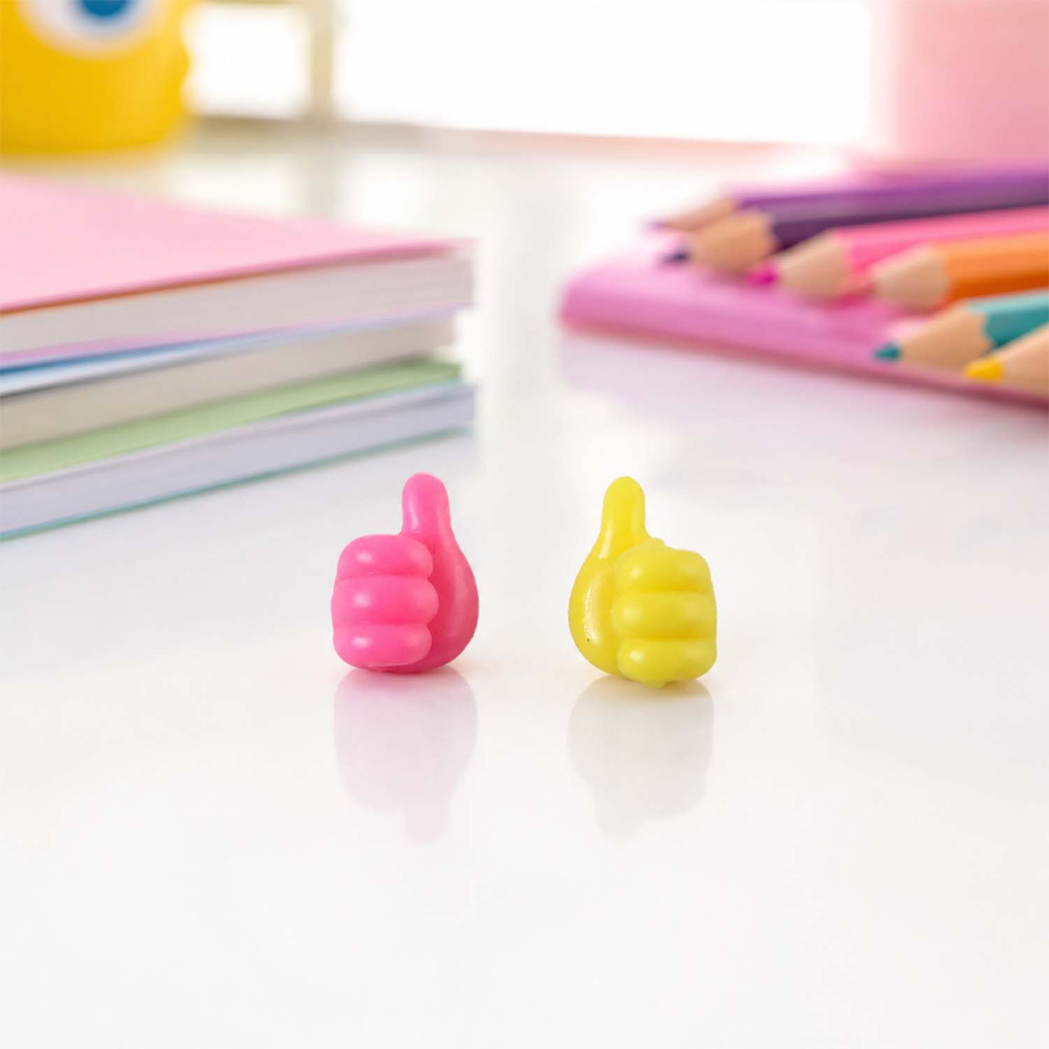 Pink and yellow thumb cable holder on desk