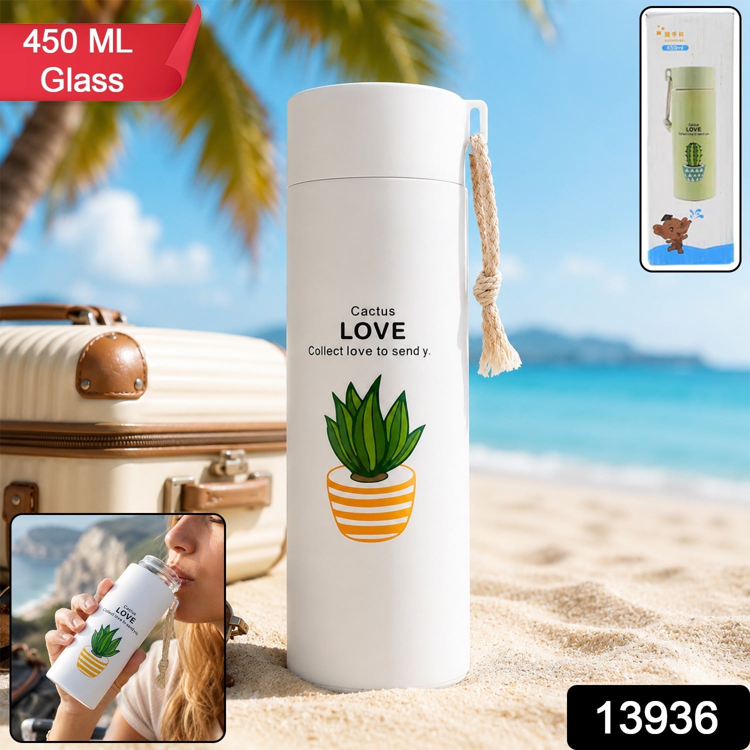 Leakproof glass water bottle, showcasing its clear design and natural bamboo lid.