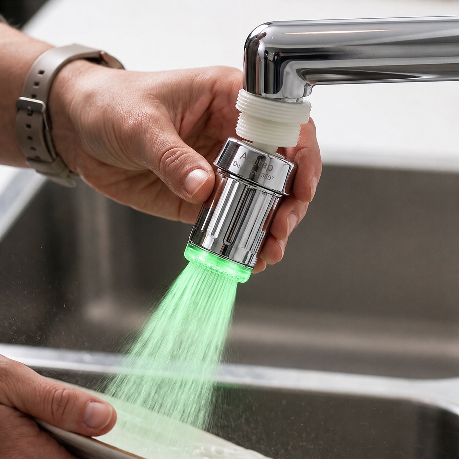 Dual flow tap adapter switching between spray and stream
