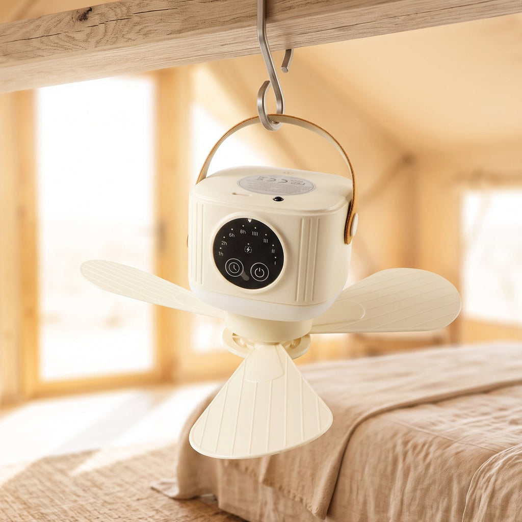 Rechargeable desk fan with LED lamp and timer for indoor and outdoor use