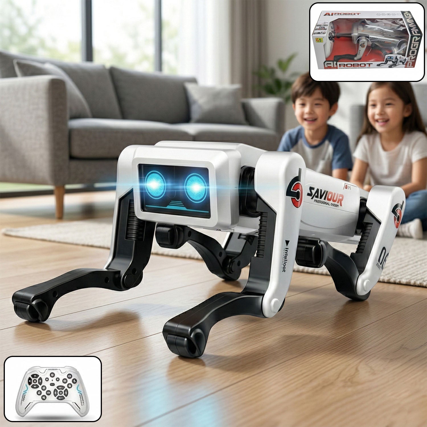 Interactive AI robot dog toy with LED eyes and remote control for kids