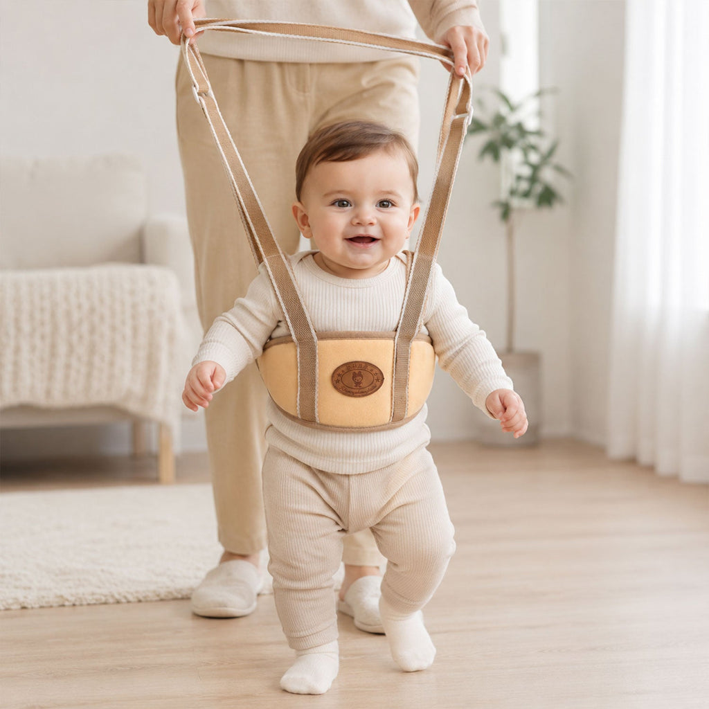 Baby walking support harness in a neutral colour for toddler first steps