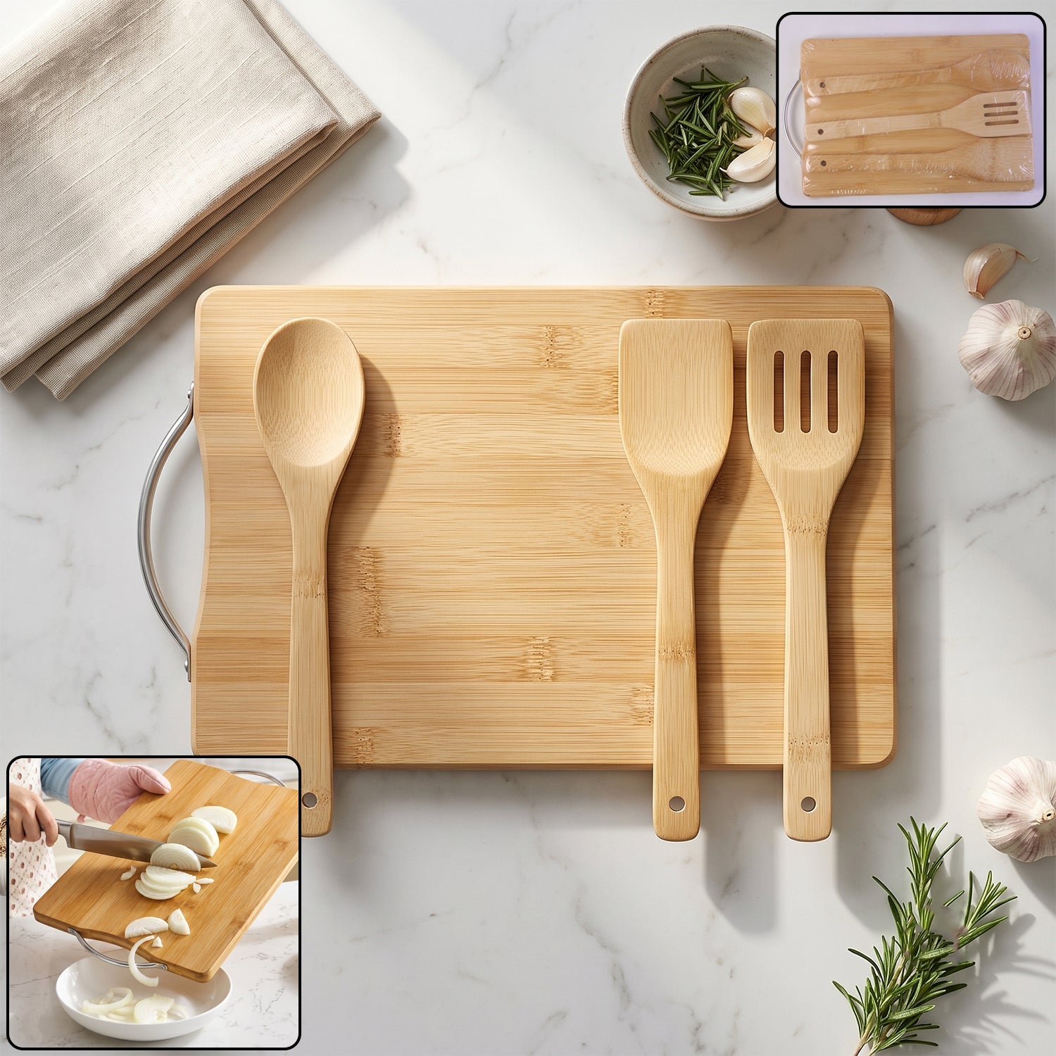 Wooden cutting board combo set with bamboo spoon, spatula and turner (4 pc set)