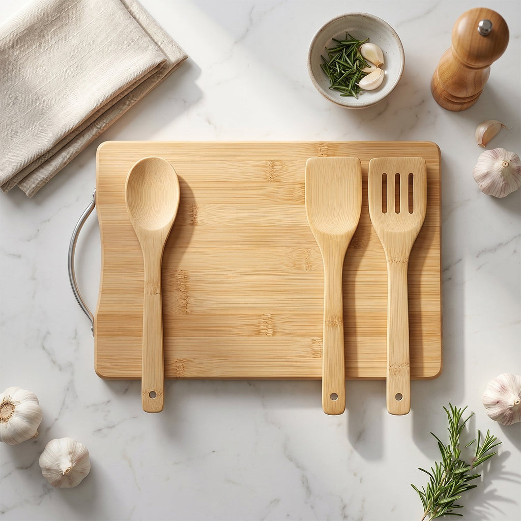 Kitchen cutting board combo with bamboo serving and cooking tools