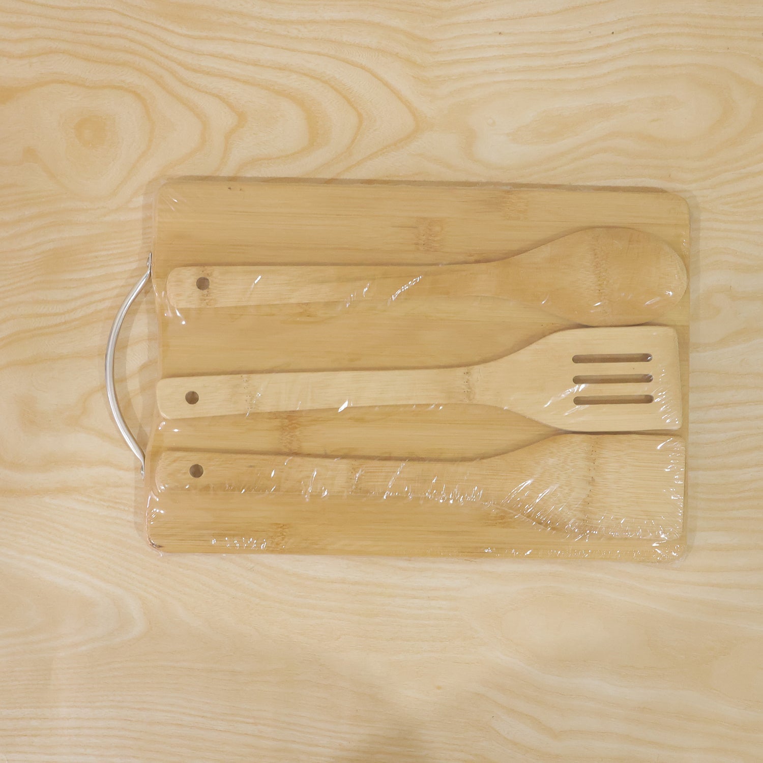 4 pc wood board and bamboo utensil set for slicing and serving