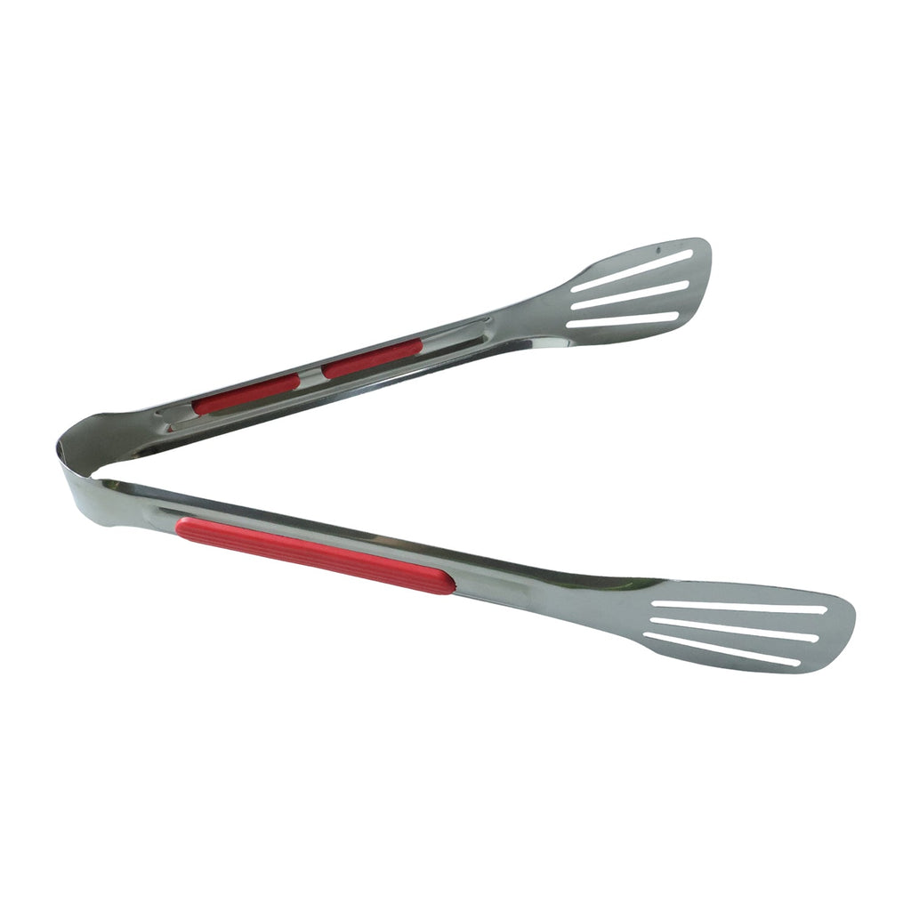 Professional grade stainless steel serving tongs ideal for cooking and grilling.