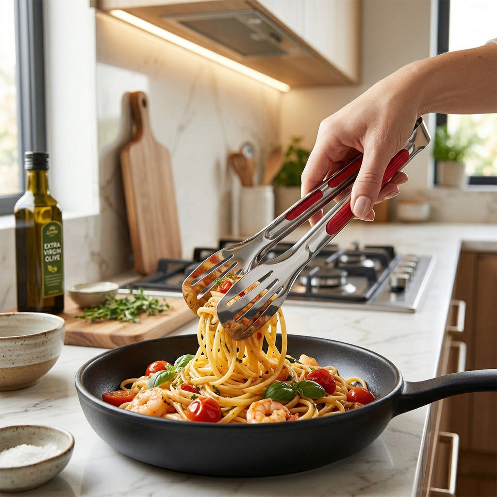Stainless steel food serving tongs suitable for indoor and outdoor use.