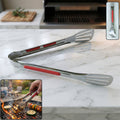 Stainless steel kitchen tongs with anti slip grip for versatile cooking.